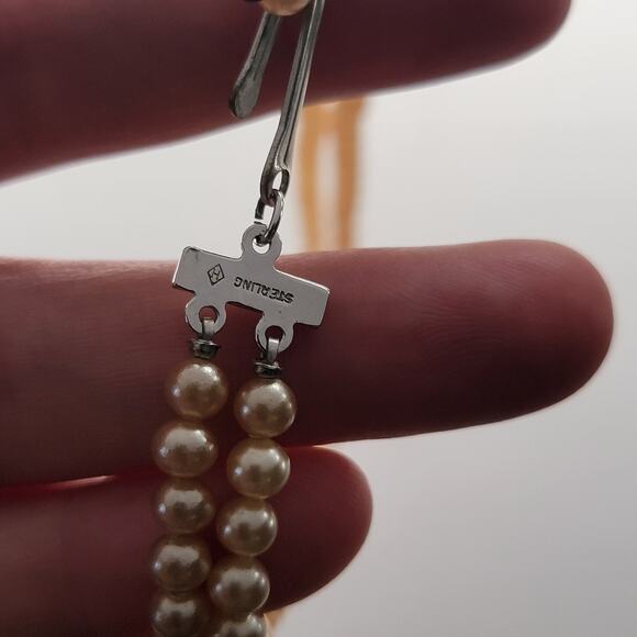 Vintage Cream Pearl Double Strand Necklace with Sterling Silver Beaded Jewelry - Picture 3 of 9